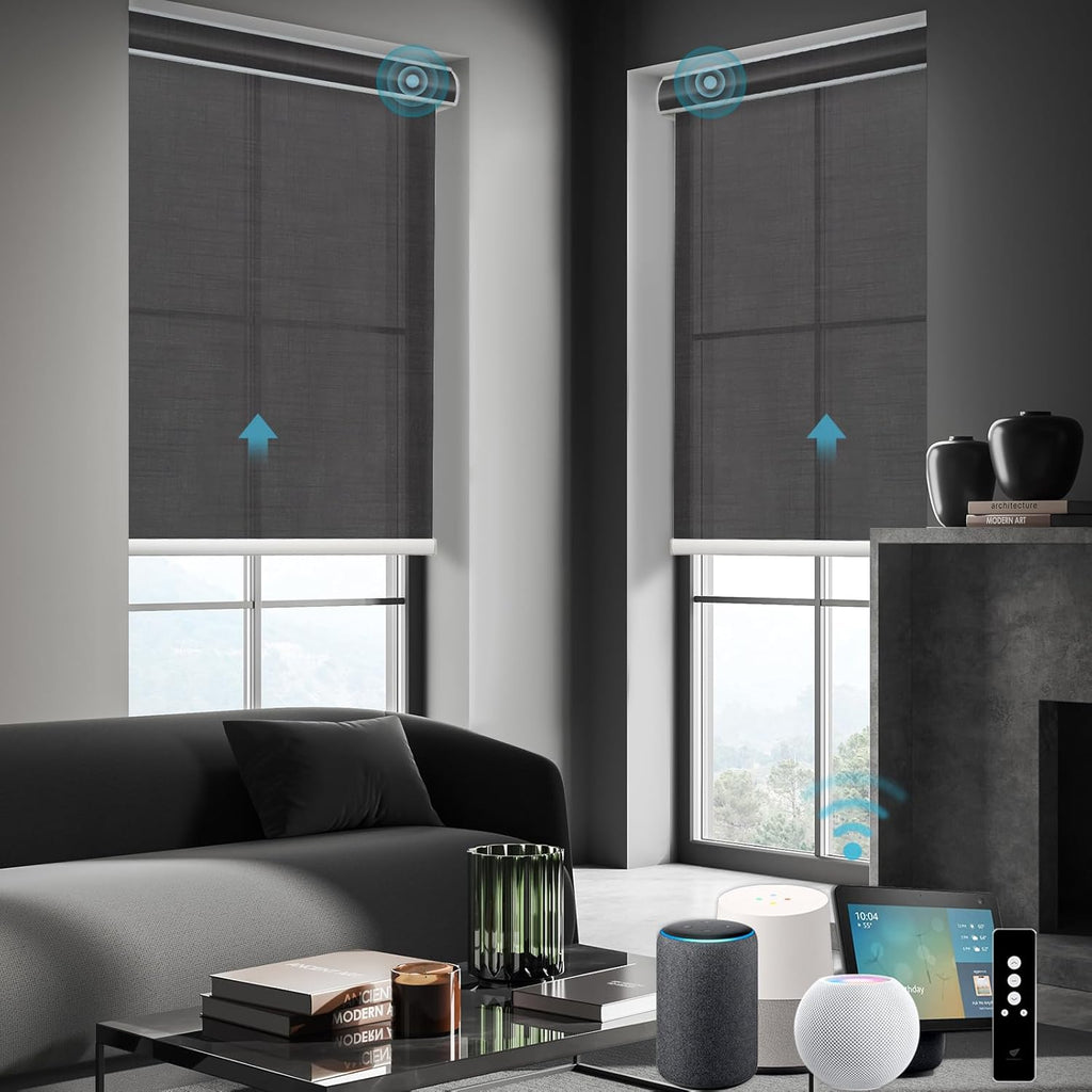 SmartWings Motorized Smart Roller Shades in Light Filtering, Electric Blinds with Remote for Windows Compatible with Alexa/Google Home/Homekit, Customized, 60% Blackout Twilight Shadow