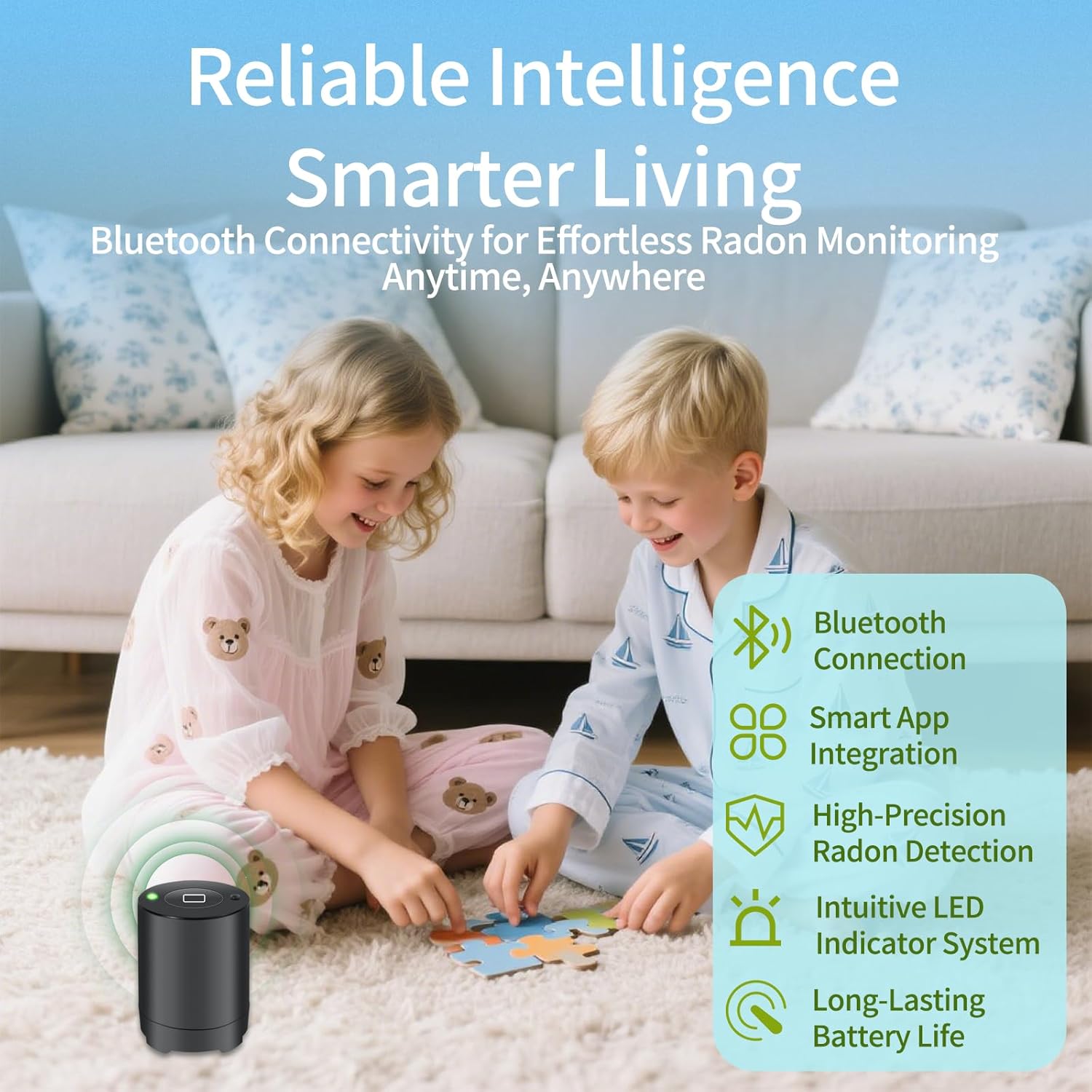 Bluetooth Radon Detector for Home, High-Precision Sensor, Real-Time Radon Gas Monitoring, Short & Long-Term Data with Trend Charts, App Control, Rechargeable Battery, LED Alerts