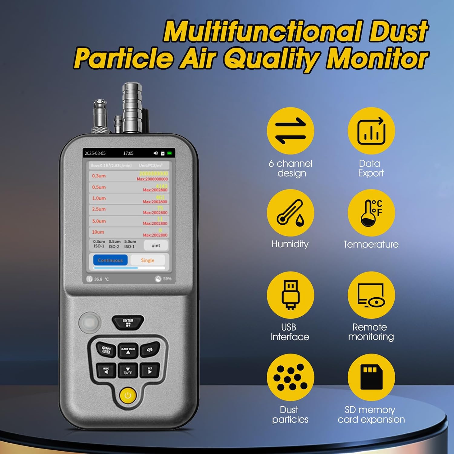 Professional Particle Counter, High Sensitivity 6-Channel PM0.3/0.5/1.0/2.5/5.0/10µm Air Pollution Monitor with Tuya APP w/Temp & Humidity USB Data Export to PC for Cleanrooms, Laboratories(RS-485)