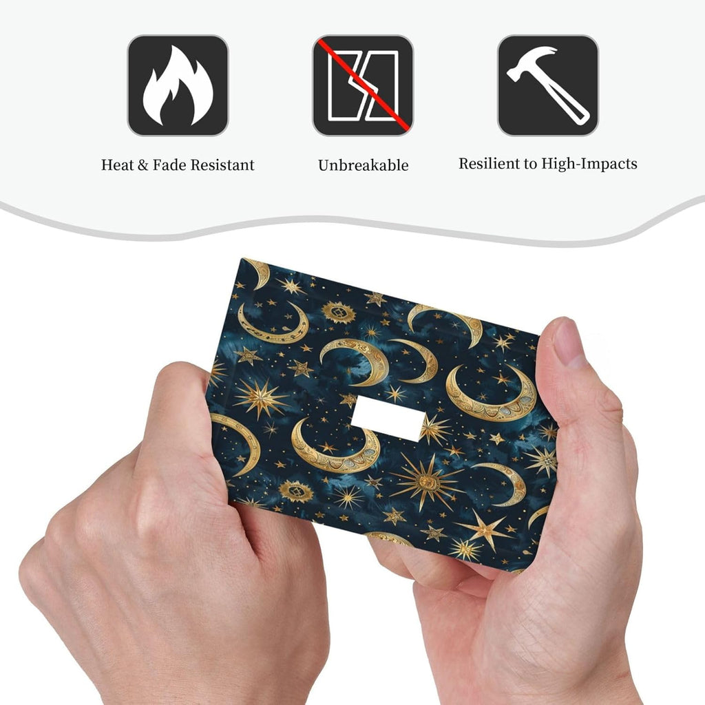 Decorative Light Switch Cover Modern Abstract Sky Blue Gold Moon Sun Star 1 Gang Single Toggle Device Electrical Faceplate Switchplates Decorator Outlet Wall Plate for Bedroom Kids room Decor