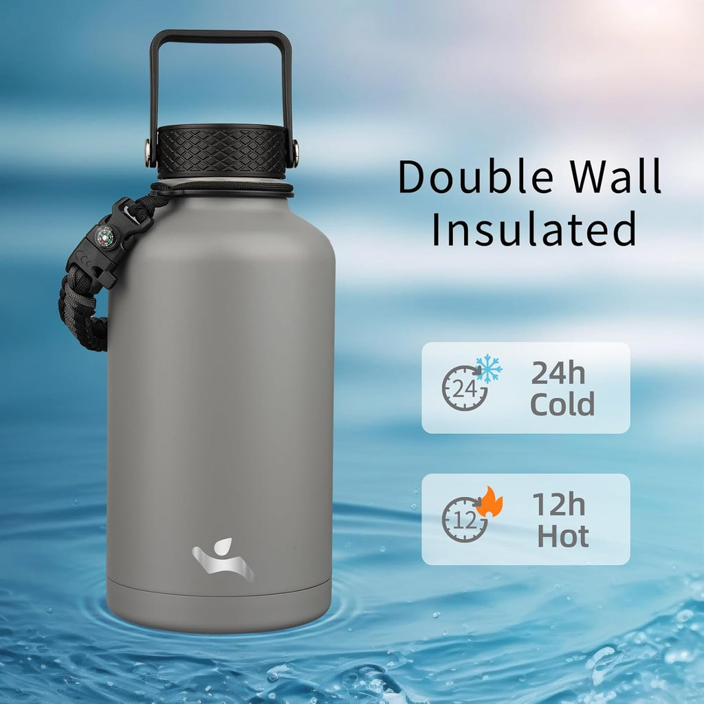 Half Gallon Insulated Water Bottle with Straw,64 oz 3 Lids Water Jug with Carrying Bag,Paracord Handle,Double Wall Vacuum Stainless Steel Metal Flask,Gray