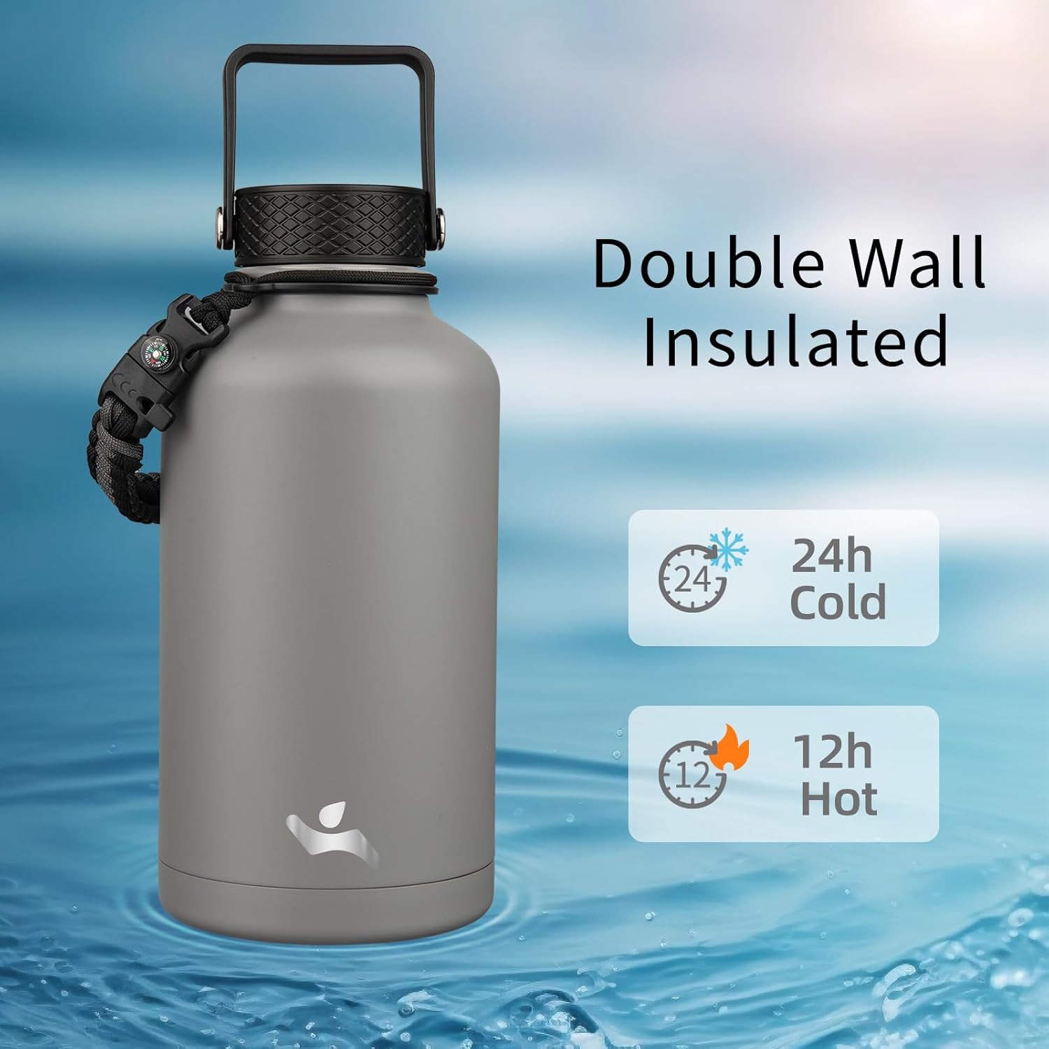 Half Gallon Insulated Water Bottle with Straw,64 oz 3 Lids Water Jug with Carrying Bag,Paracord Handle,Double Wall Vacuum Stainless Steel Metal Flask,Gray