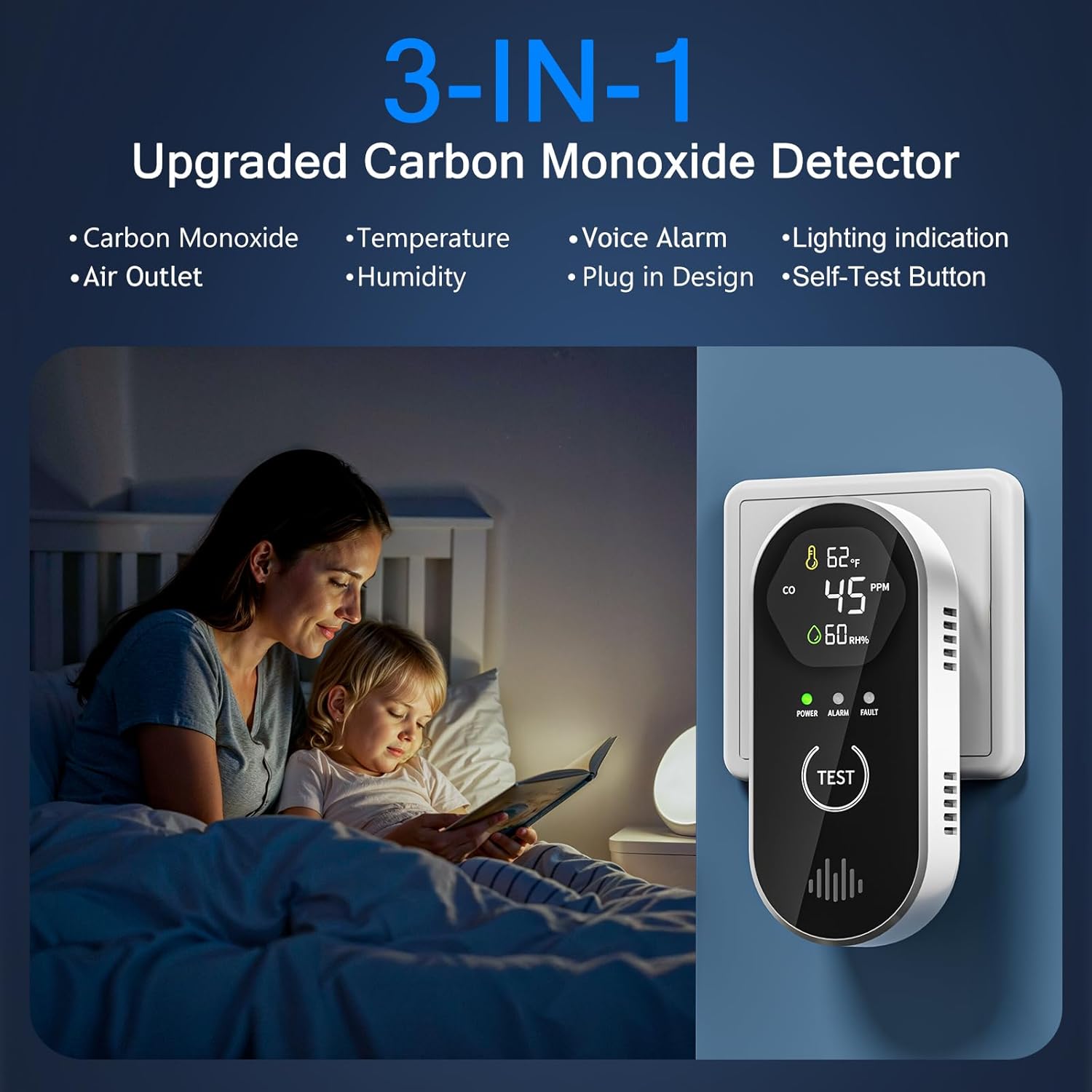 3-in-1 Carbon Monoxide Detectors with Temp & Humid, Plug in, 85dB Audible & Visual CO Alarm, LCD Digital Display, Easy to Install,Test Button, Portable for Bedroom/Office/Camper, Gives Peace of Mind