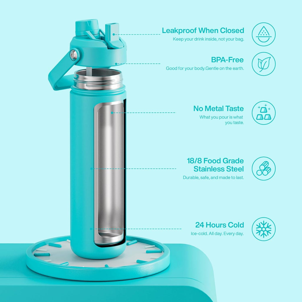 ENCOOL Insulated Water Bottle with Straw Stainless Steel Water Bottle, Leak-Proof, BPA-Free, Double Wall Vacuum Keeps Cold for 24 Hours for Sports, Travel, School (26 oz, Aquamarine Blue)