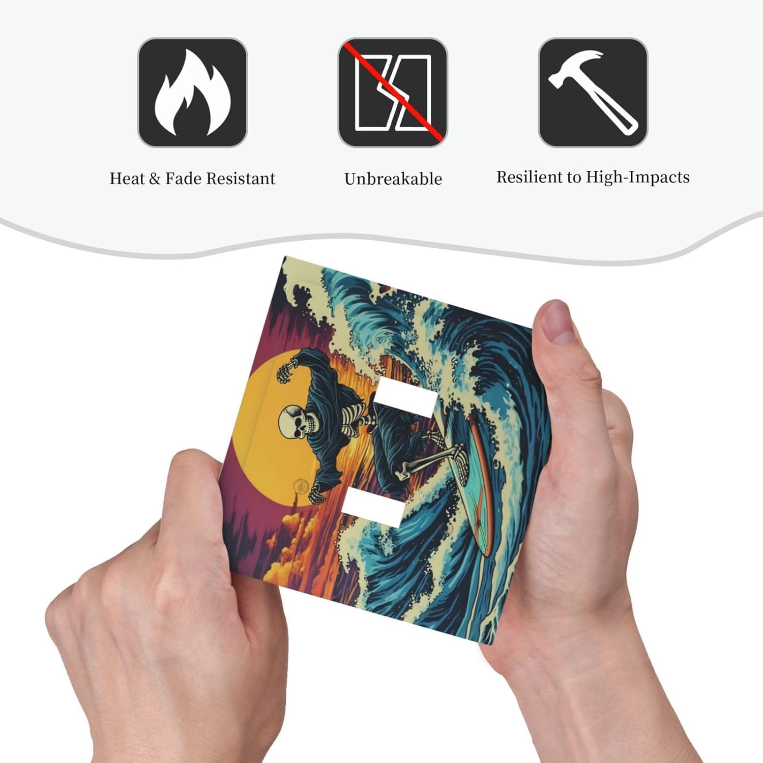 Skeleton Riding Surfboard on Wave In The Ocean Light Switch Covers Double Toggle 2 Gang Wall Plate Dual Decorative Switchplate Electrical Faceplate for Farmhouse Living Room Decor