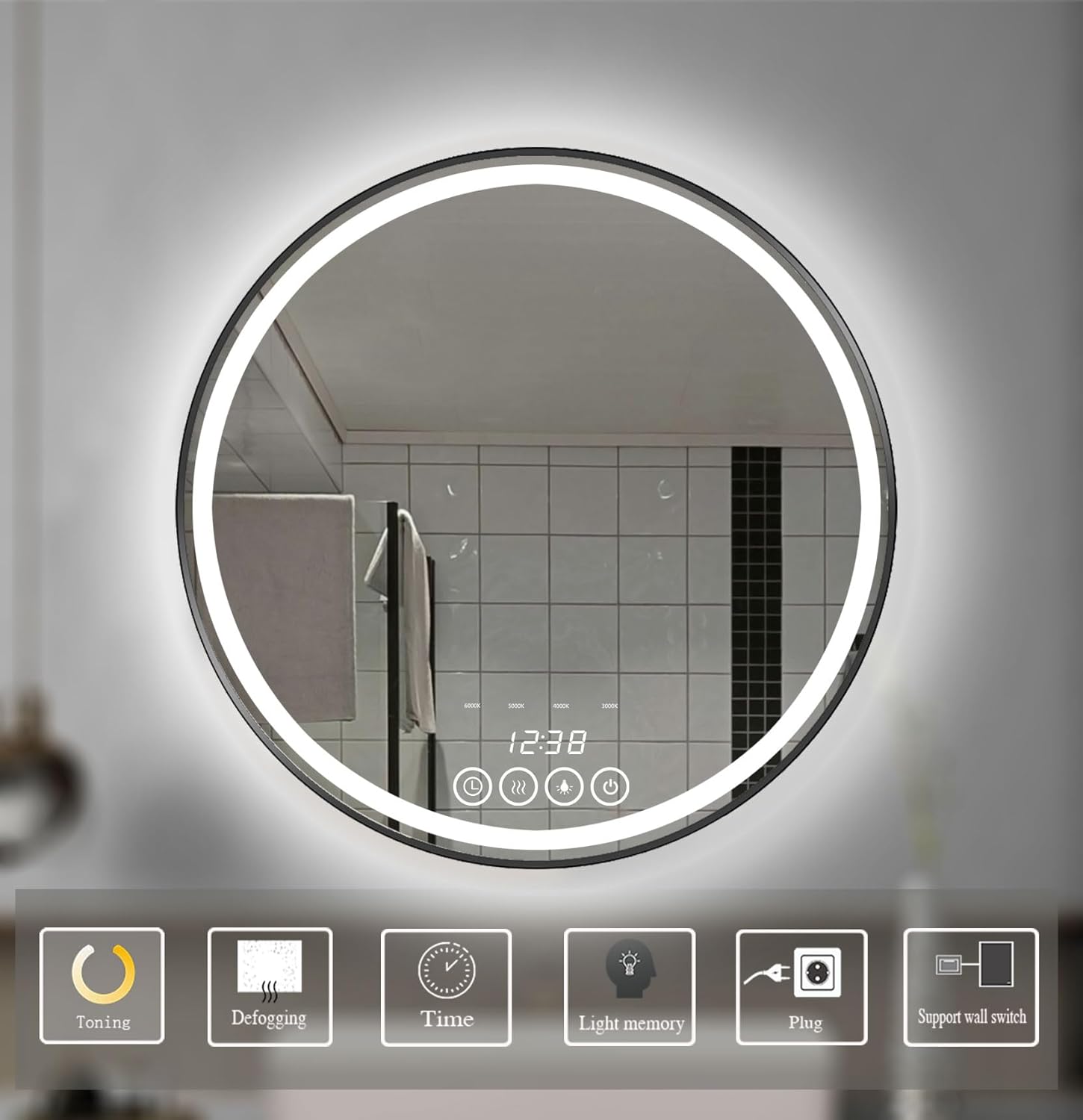 28 Inch Wall-Mounted Round Bathroom Mirror with LED-Lights - Frame Vanity Mirrors (28" x 28", Black)