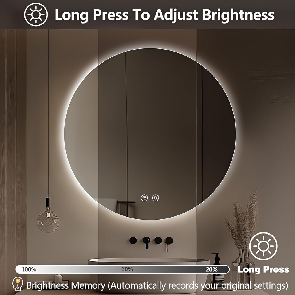 Niccy Round Led Mirror for Bathroom, 30" Circle Frameless Backlit Mirror wiht Light, Anti-Fog, 3 Colors, Waterproof, Memory Function