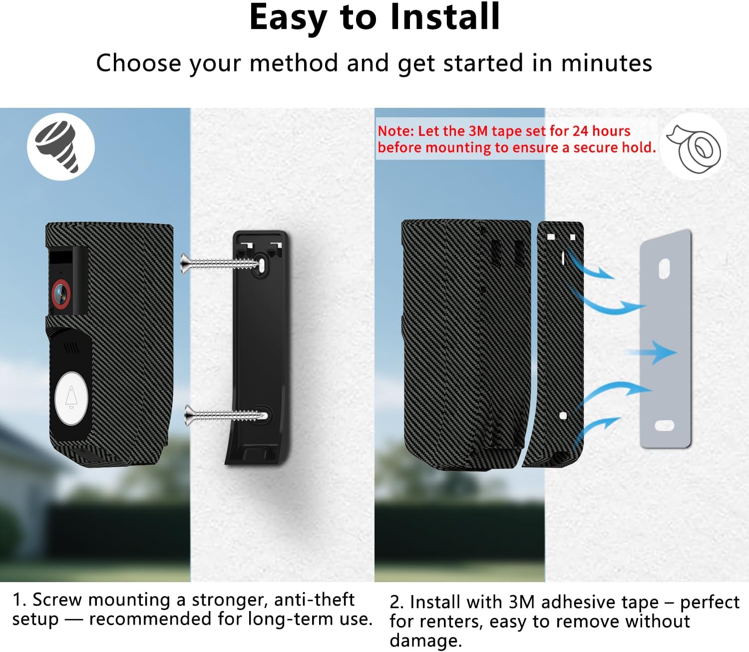 Video Doorbell Camera Wireless with Charm, HD Camera, Real-Time Alerts Ring Call, Pan Rotate, AI Detection, Power Battery, Home Security Apartment Camara para Puerta, 2.4G WiFi, Carbon Fiber