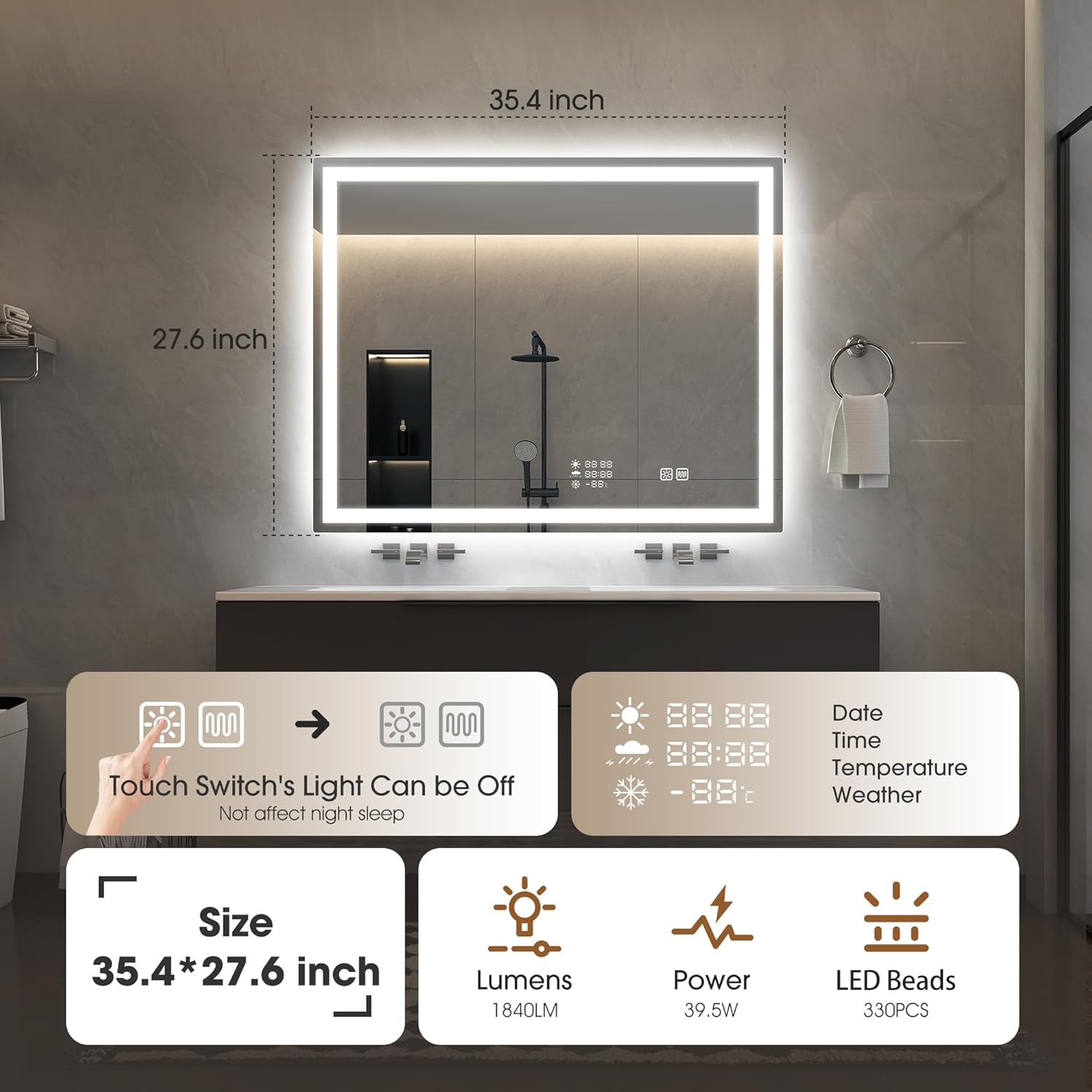 STARLEAD 28"x36" LED-Bathroom-Mirror-with-Lights, Wall-Mounted with Clock, Anti-Fog, 3 Color Temperature, Dimmable Brightness, Waterproof, Tempered Glass, Frontlit & Backlit