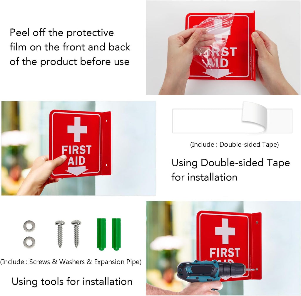 Faittoo First Aid Sign, 2 Pack First Aid with Cross Symbol - 6 x 6 Inches Acrylic Plastic, 2 Pre-Drilled Holes, Includes Matching Screws, Use for Home Office/Business