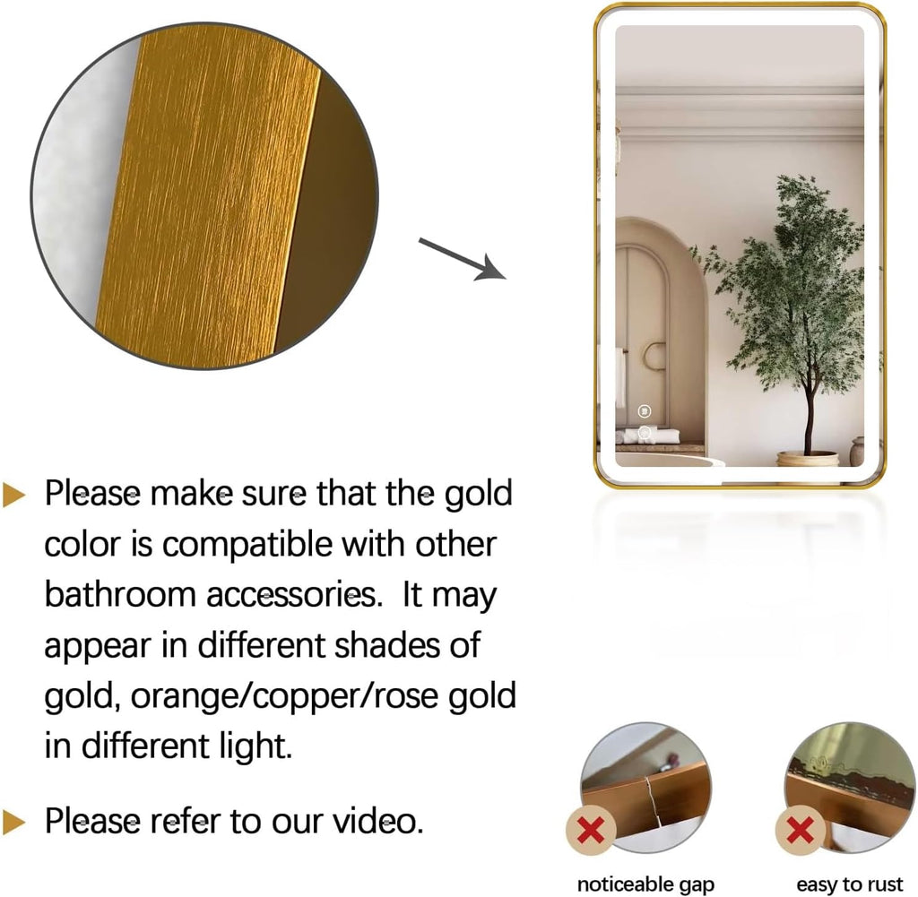 40"x24" Lighted Vanity Mirror with Lights, Gold Metal Frame Led Mirror for Bathroom, Anti-Fog Wall Mirror with Front and Backlit, Shatterproof, 3 Colors Stepless Dimmable, Horizontal/Vertical