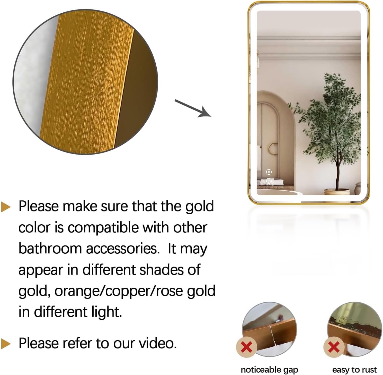 40"x24" Lighted Vanity Mirror with Lights, Gold Metal Frame Led Mirror for Bathroom, Anti-Fog Wall Mirror with Front and Backlit, Shatterproof, 3 Colors Stepless Dimmable, Horizontal/Vertical