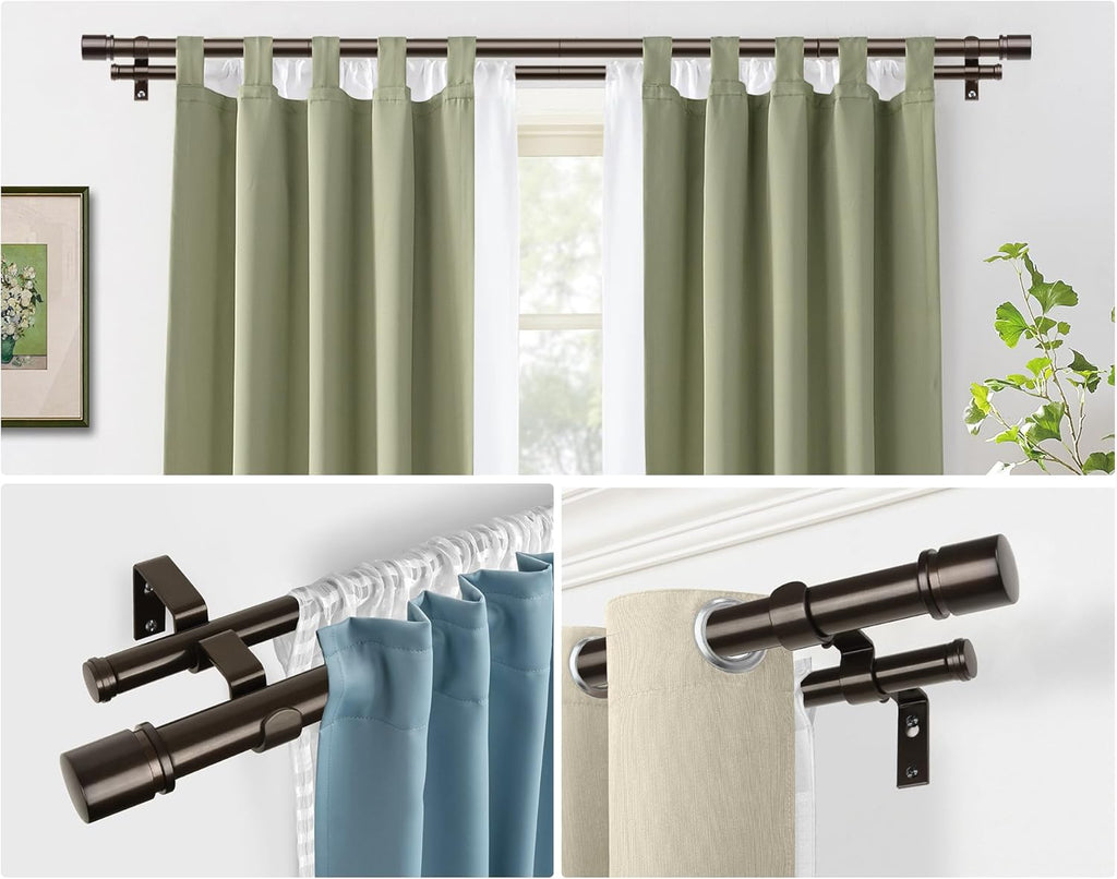 Double Curtain Rod 36 to 72 Inch, HOTOZON 1 Inch Heavy Duty Curtain Rods for Windows, Telescoping Double Drapery Rod with Simple Cap Finials, Bronze