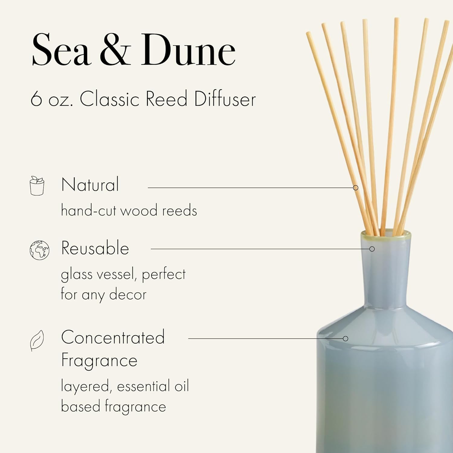 LAFCO New York Classic Reed Diffuser, Sea & Dune - 6 oz - Up to 3 Months Fragrance Life - Reusable Glass Vessel - Natural Wood Reeds - Made in The USA