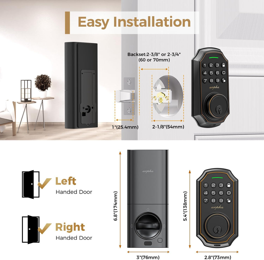 Arpha Keyless Entry Door Lock, WiFi Smart Keypad Front Door Deadbolt, Supports Amazon Alexa Voice Control, Google Assistant, Online App Control, Anti-Peeping Password, One-Time Code, Auto Lock