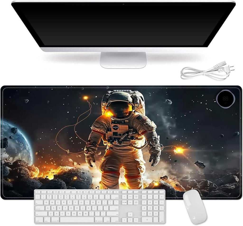 Small Heated Desk Pad 23.6" x 14.2" – Compact Electric Mouse Pad with 3 Heating Levels, Auto Shut-Off, Waterproof PU Surface, Plug-in Warmer for Office or Home Use, Astronaut