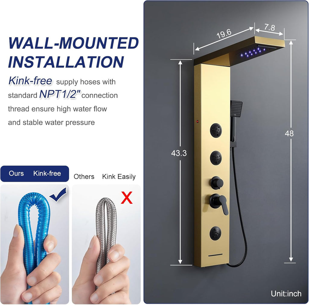 ROVATE Shower Panel Tower System Brushed Gold with LED Rainfall Waterfall Shower, Shower Tower with Jets and Rainfall and Handheld, 5 in 1 Stainless Steel Shower Column High Pressure with Tub Spout