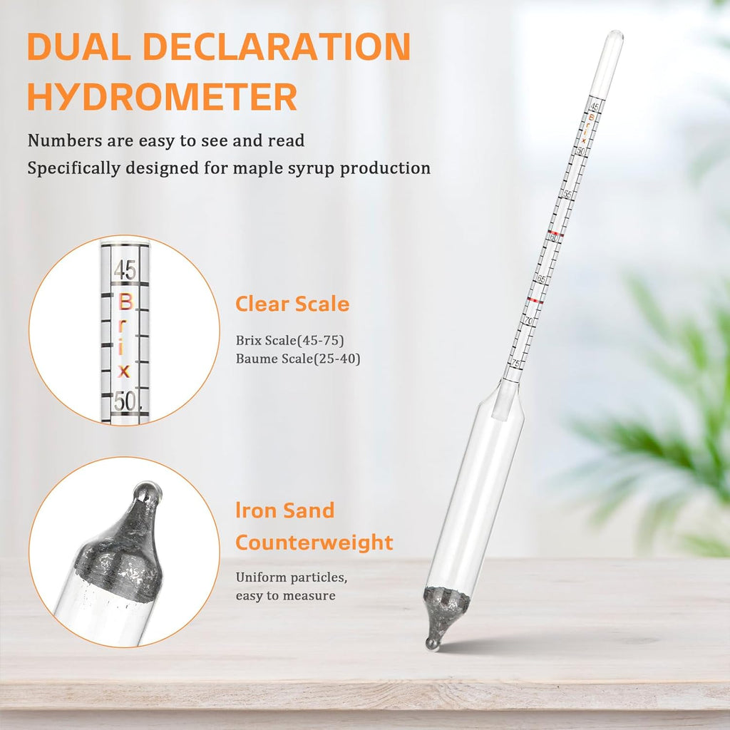 Maple Syrup Hydrometer Test Cup Kit, High Accuracy Hydrometer Maple Syrup Density Kit, Baume and Brix Scale Easy to Read, Stainless Steel Test Cup with Cleaning Brush