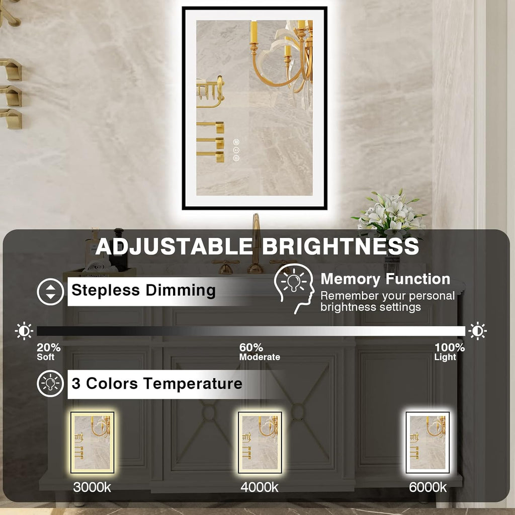 20x28 LED Bathroom Mirrors for Wall -Black Aluminum Framed (Front and Backlit), Anti-Fog Vanity Mirror With Lights,Stepless Dimmable Lighted Mirror,3 Colors Smart Mirror(Horizontal/Vertical)