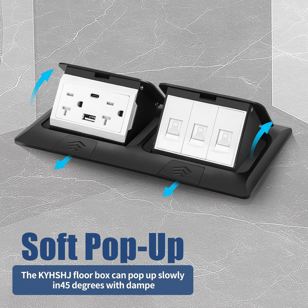 KYHSHJ USB Pop Up Floor Socket Kit with 2 * 20A Receptacle，4.8A 1 USB-A Ports &1 USB-C Port，3-Port RJ45 Datacom Receptacle，Corrosive Resistant Hardware,Black