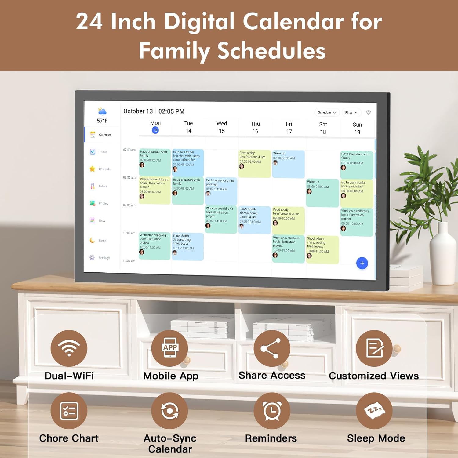 Digital Calendar Smart Chore Chart-for-Business-Schedules - 24" Wall Mounted Interactive Touchscreen Electronic Calendar, Auto-Sync Google iCloud Outlook Calendars for Family Household Organization