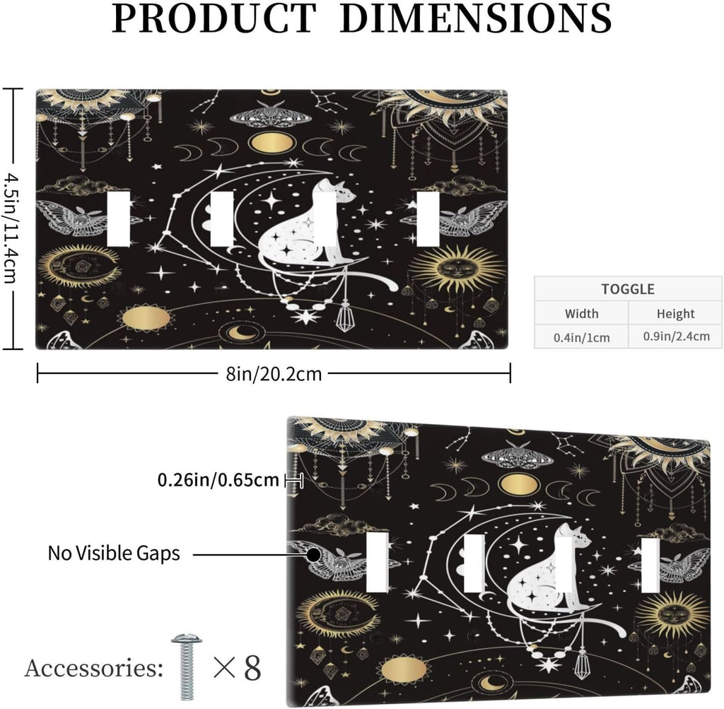 White Cat Tarot Moon Phases Moth Celestial Gothic Light Switch Covers Quad Toggle Electrical Faceplate 4 Gang Wall Plate Decorative Switch Plates Cover for Kids Room Bedroom Decor