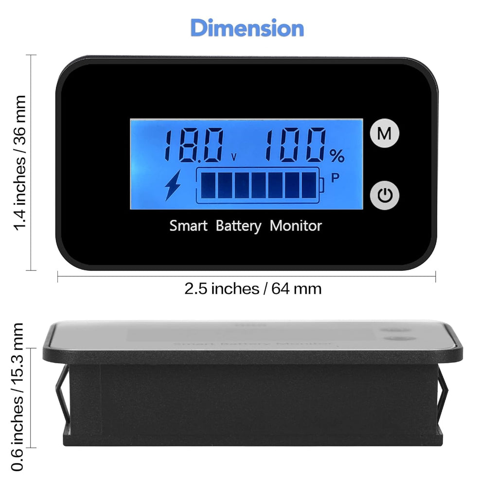 Waterproof Battery Monitor12v 24v 36v 48v 60v 72v ,Car Motorcycle Golf cart Battery Meter Digital Battery Capacity Remaining Capacity Percentage Tester with Buzzer Alarm and Temperature（Bule）