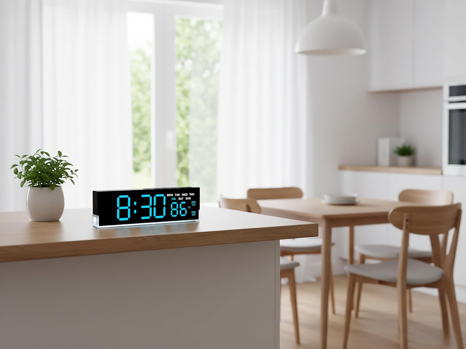 zyzamay 7 Inch Modern LED Digital Alarm Clock with Dual Alarms & Soft Bottom Light｜Displays Time, Date, Day, Temperature｜3-Level Auto/Manual Brightness, DST, USB or Battery Powered Desk Clock,Blue