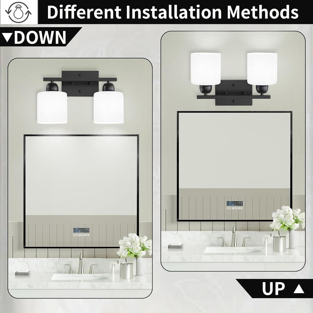 2 Light Black Bathroom Light Fixture, Modern Bathroom Lights with Milky White Frosted Glass Shades for Mirror Living Room Bedroom Hallway E26 Base