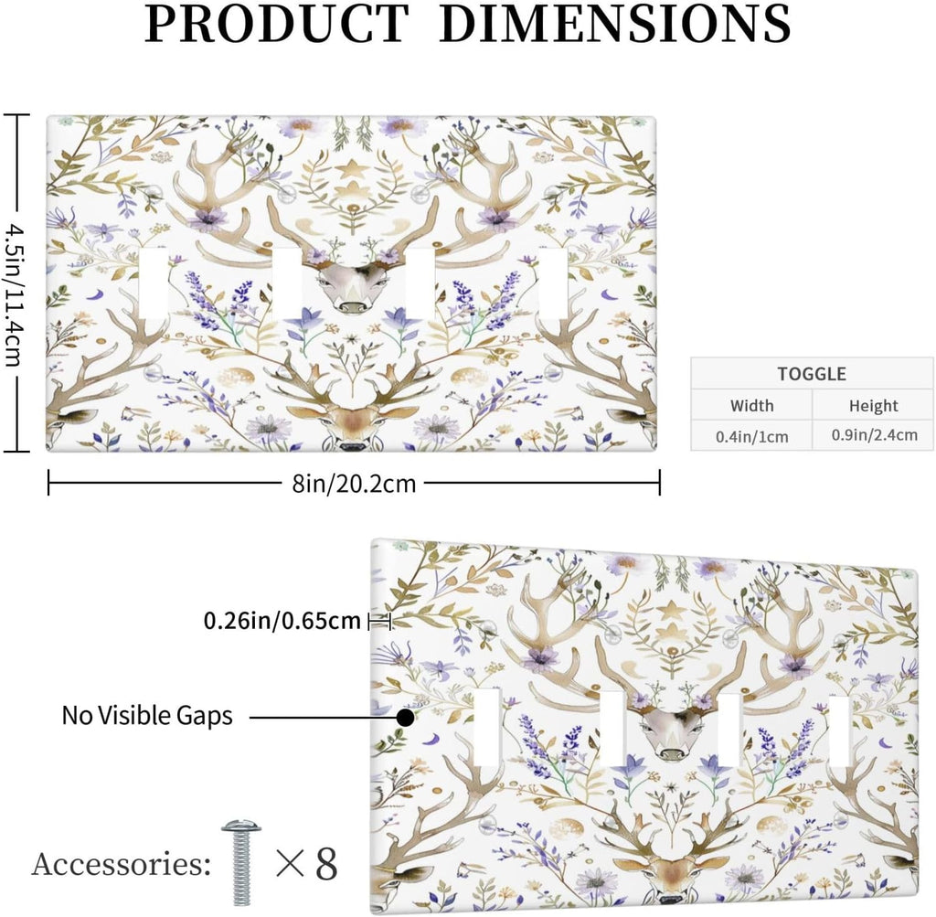 Light Switch Covers Gothic Retro Floral Damask Elk Wild Flower Quad Toggle Electrical Faceplate 4 Gang Wall Plate Decorative Switch Plates For Bed Room Living Room Decor