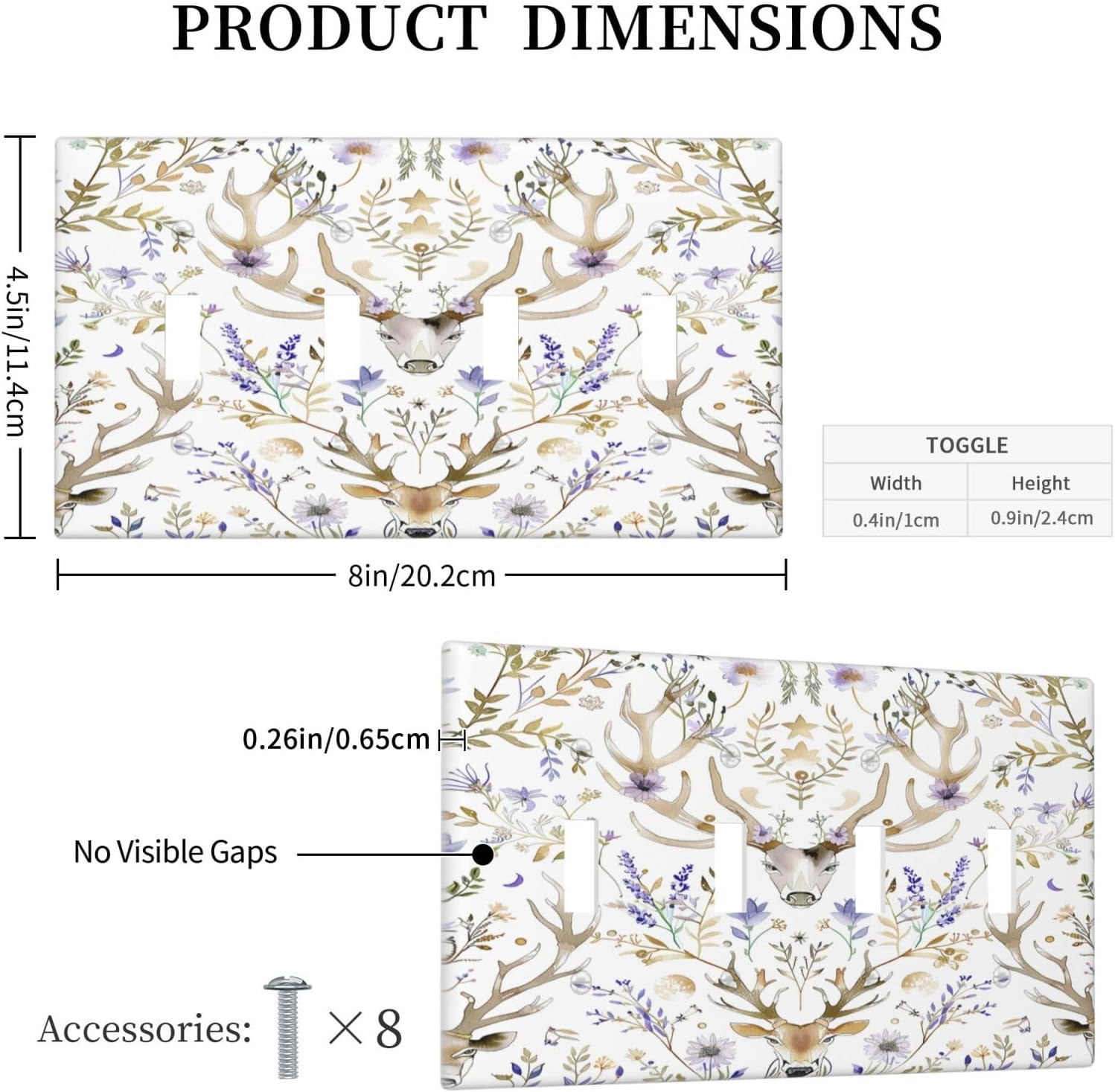 Light Switch Covers Gothic Retro Floral Damask Elk Wild Flower Quad Toggle Electrical Faceplate 4 Gang Wall Plate Decorative Switch Plates For Bed Room Living Room Decor