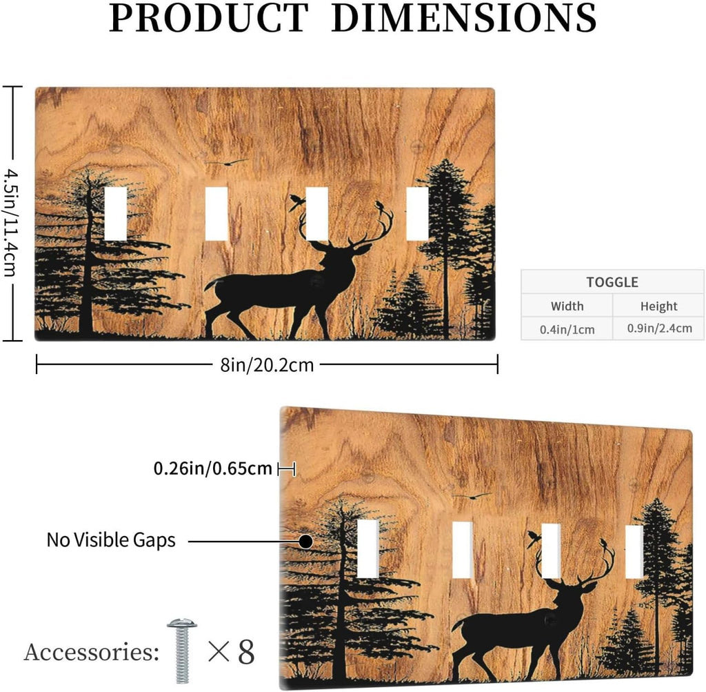 Light Switch Covers Rustic Farmhouse Orange Brown Pine Tree Deer Wood Grain Quad Toggle Electrical Faceplate 4 Gang Wall Plate Decorative Switch Plates for living Room Cabin Decor