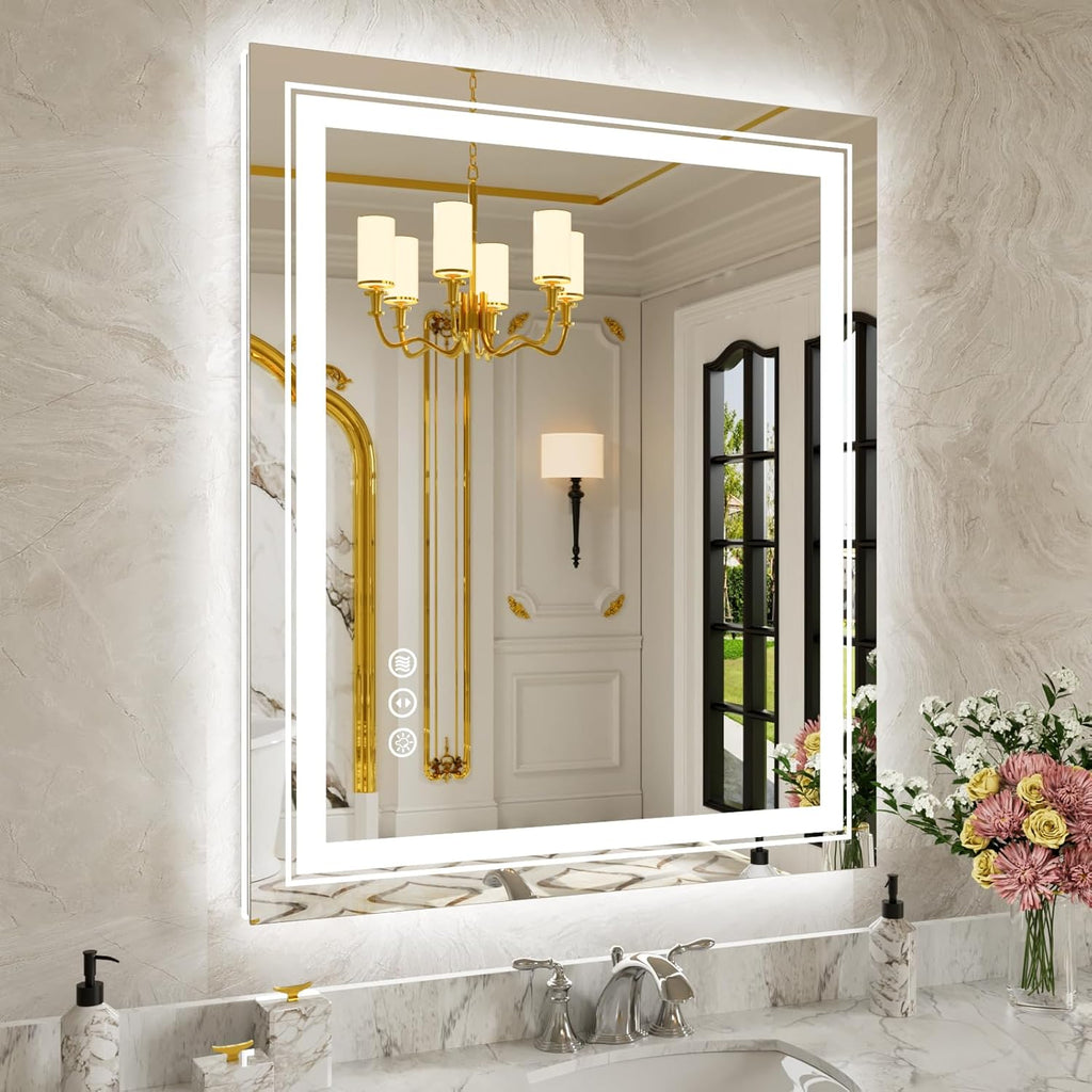 WTTY LED Bathroom Mirror 30"x36" with Backlit and Front Light,Dimmable LED Mirror for Bathroom,Anti-Fog Lighted Bathroom Vanity Mirror Modern for Wall,Memory Function,Shatter-Proof
