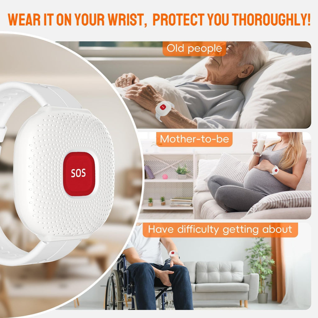 Life Alert Systems for Seniors No Monthly Fee, App-Controlled Caregiver Pager, LED Number Display 1Waterproof Wrist Remote Control 2Call Button 1Receiver(Only Supports 2.4GHz Wi-Fi)