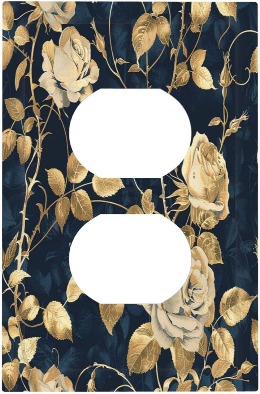 Outlet Covers Boho Vintage Floral Golden Flower Dark Blue Background 1 Gang Duplex Wall Plate Decorative Switch Plates Electrical Receptacle Faceplate Light Switch Cover for Bedroom