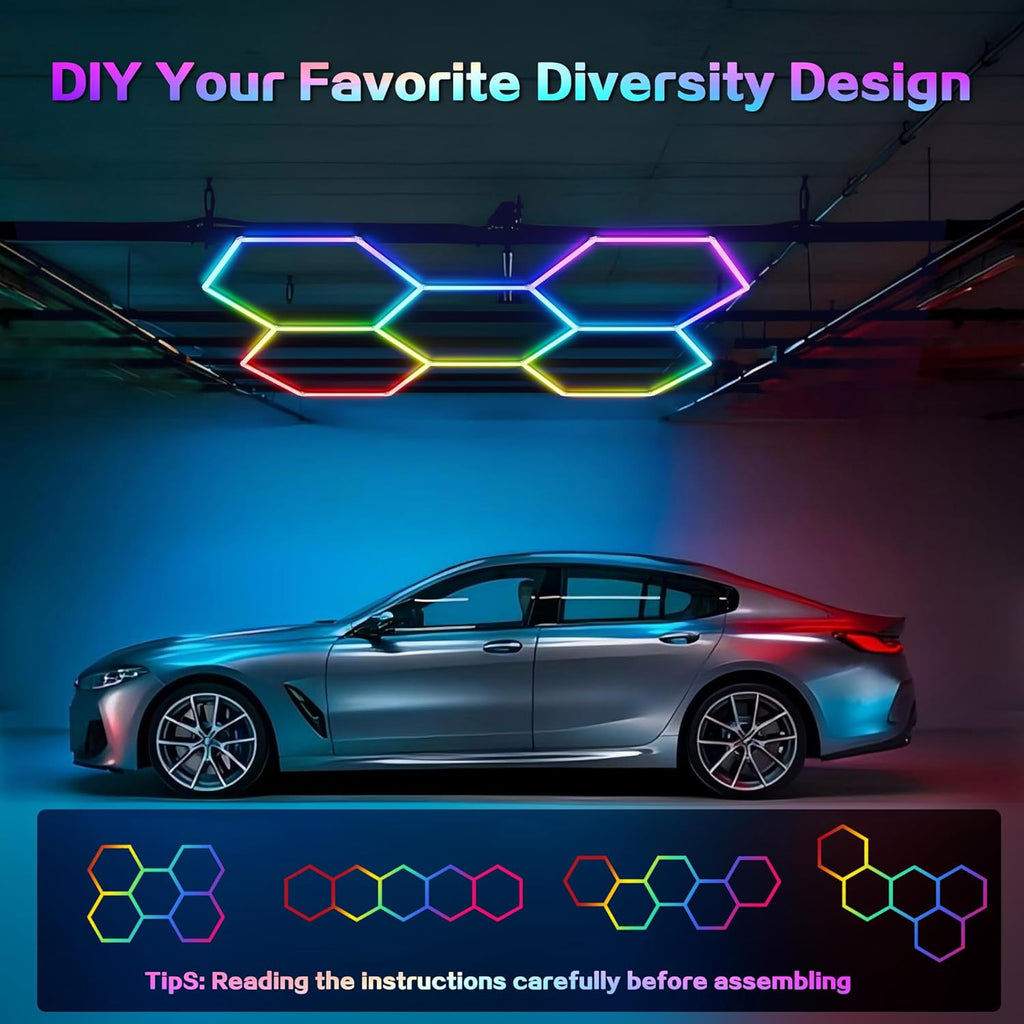 RGB Hexagon Garage Lights 240W - 356 Colors Mode w/Music Sync, 24 Pack Bright LED Honeycomb Panels for Garage, Barber, Home Theater, Game Room & Man Cave