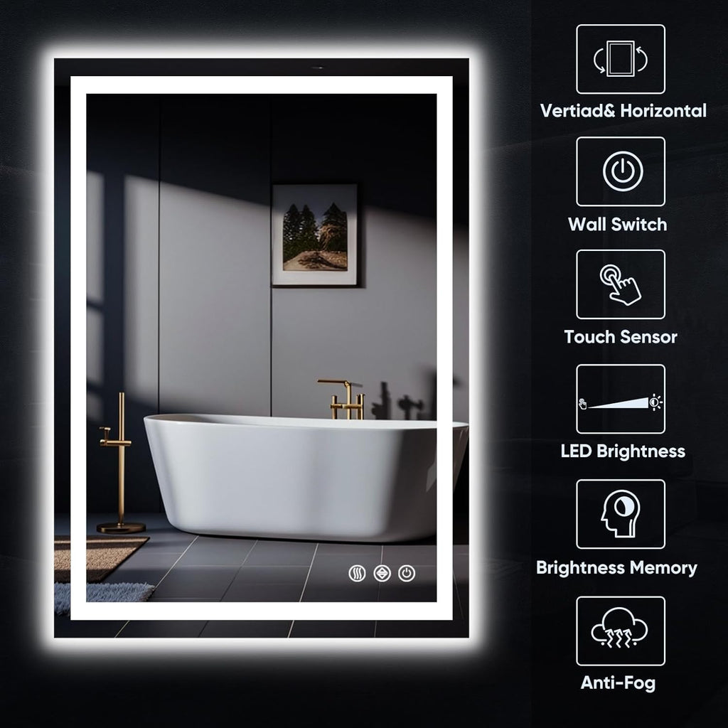 LED Bathroom Mirror, 24"x32" with Frontlit and Backlit Anti-Fog Mirror with Lights LED Vanity Mirror for Bathroom 3 Colors Temperature & Dimmable Bathroom Mirror with HD Tempered Glass