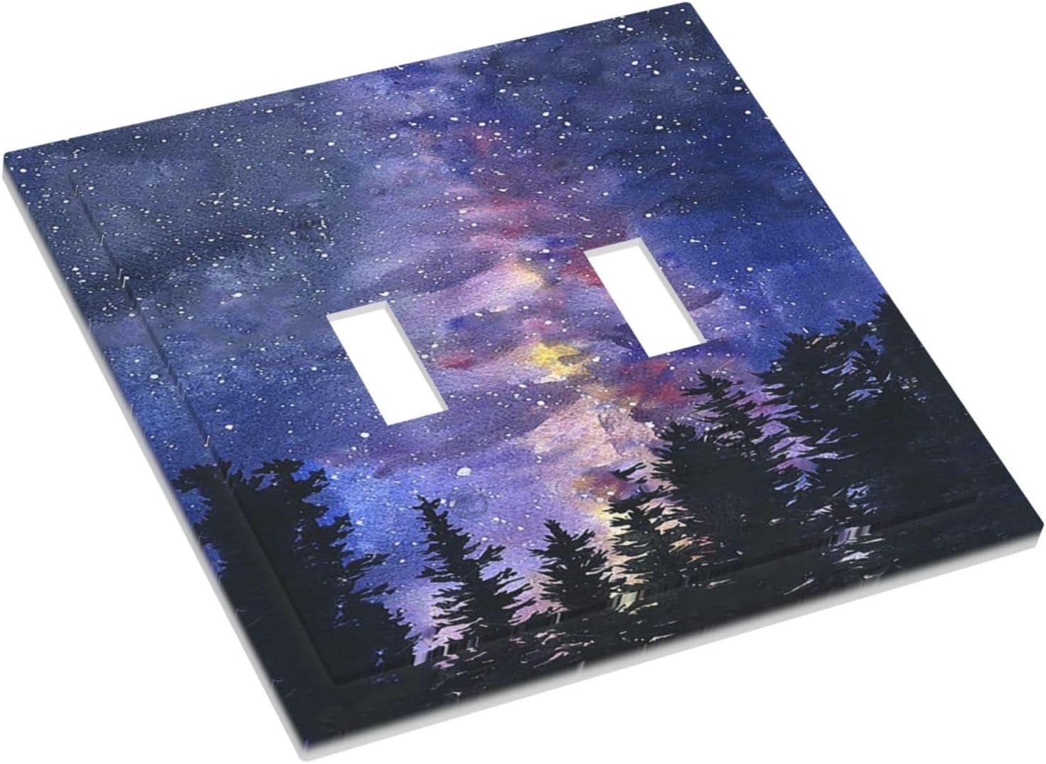 Decorative Switch Plates Dream Milky Way Starry Forest Pine Watercolor Painting 2 Gang Double Toggle Wall Plate Outlet Light Switch Cover Electrical Faceplate for Bedroom Home Decor