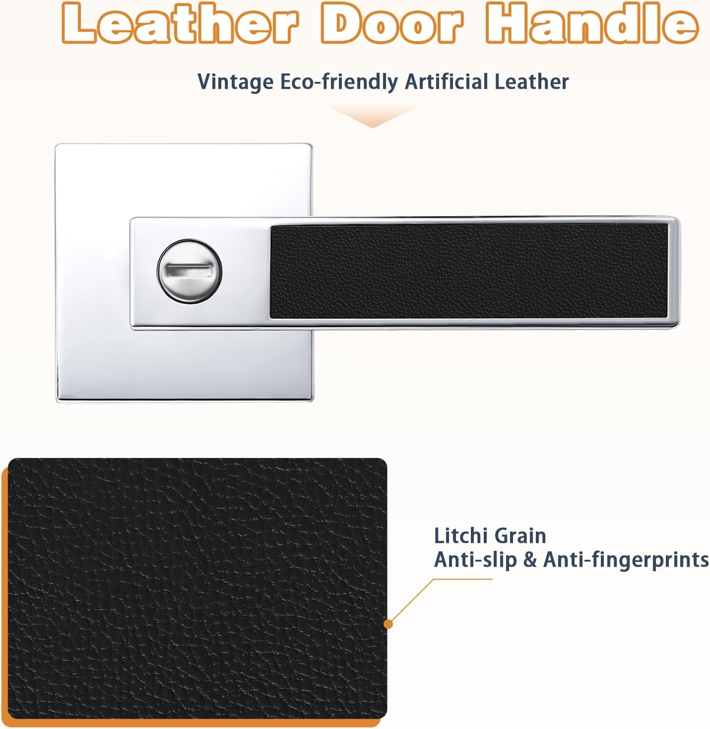 Probrico Square Heavy Duty Door Handle with Black Leather Hand Lever, Keyless Privacy Interior Door Levers for Bedromm and Bathroom, Polished Chrome, 2 Pack