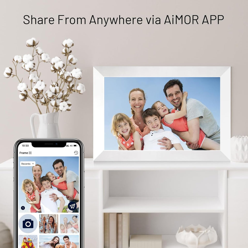 Anna Bella Digital Picture Frame 10.1 Inch IPS HD Touch Screen WiFi Smart Digital Photo Frame with 32GB Storage, Auto-Rotate, Easy Setup to Share Photos or Videos Remotely via AiMOR APP White