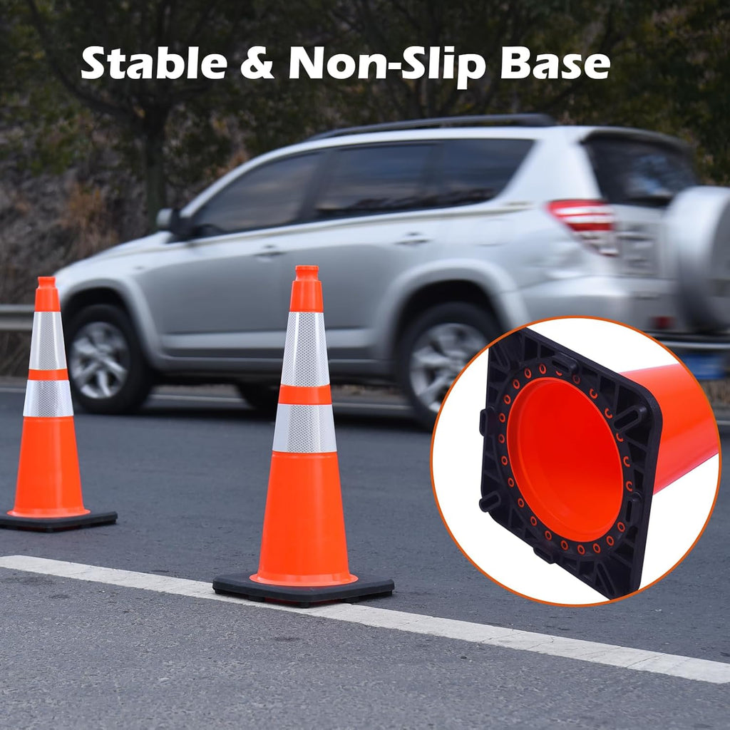 6 Pack 28 Inch Orange Traffic Cones with Reflective Bands, Heavy Duty Black Base Safety Cones for Road Work, Event Traffic and Outdoor Security (6, Orange, 28 Inch)