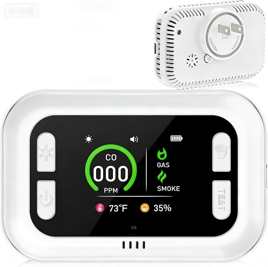 6 in 1 Carbon Monoxide Detectors Plug in, Natural Gas Detector with Smoke, Temp & Humidity Alarm, Portable 1000mAh Battery Backup, HD Digital Screen, 24/7 Home Safety for House, RV, Apartment, Travel