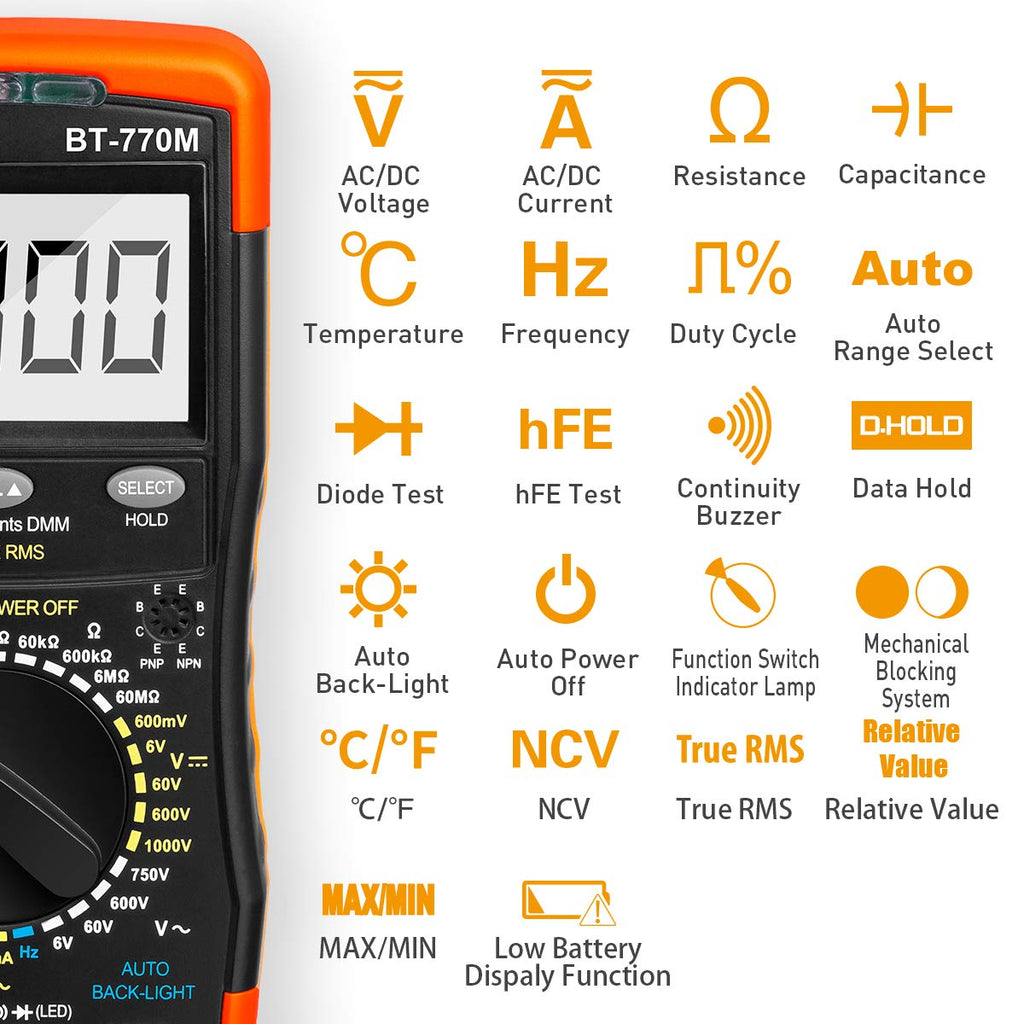 Digital Multimeter TRMS 6000 Count, BTMETER BT-770M Auto/Manual Ranging DMM Electrical Meter Tester for AC/DC Amp, AC/DC Volt, Ohm Capacitance Frequency Continuity Temperature NCV, Auto Backlight