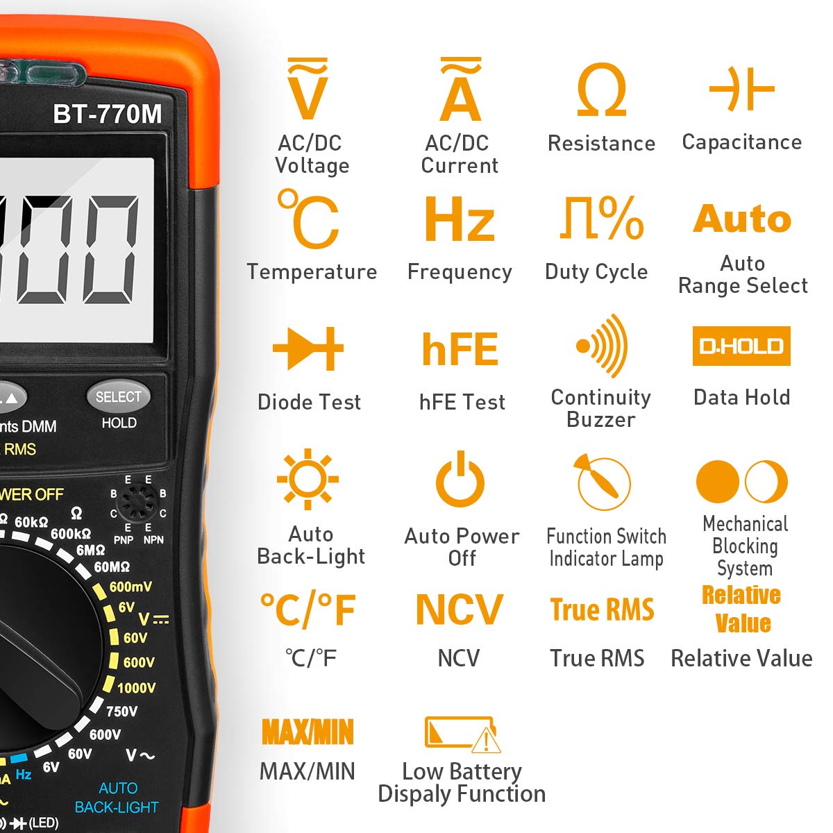 Digital Multimeter TRMS 6000 Count, BTMETER BT-770M Auto/Manual Ranging DMM Electrical Meter Tester for AC/DC Amp, AC/DC Volt, Ohm Capacitance Frequency Continuity Temperature NCV, Auto Backlight