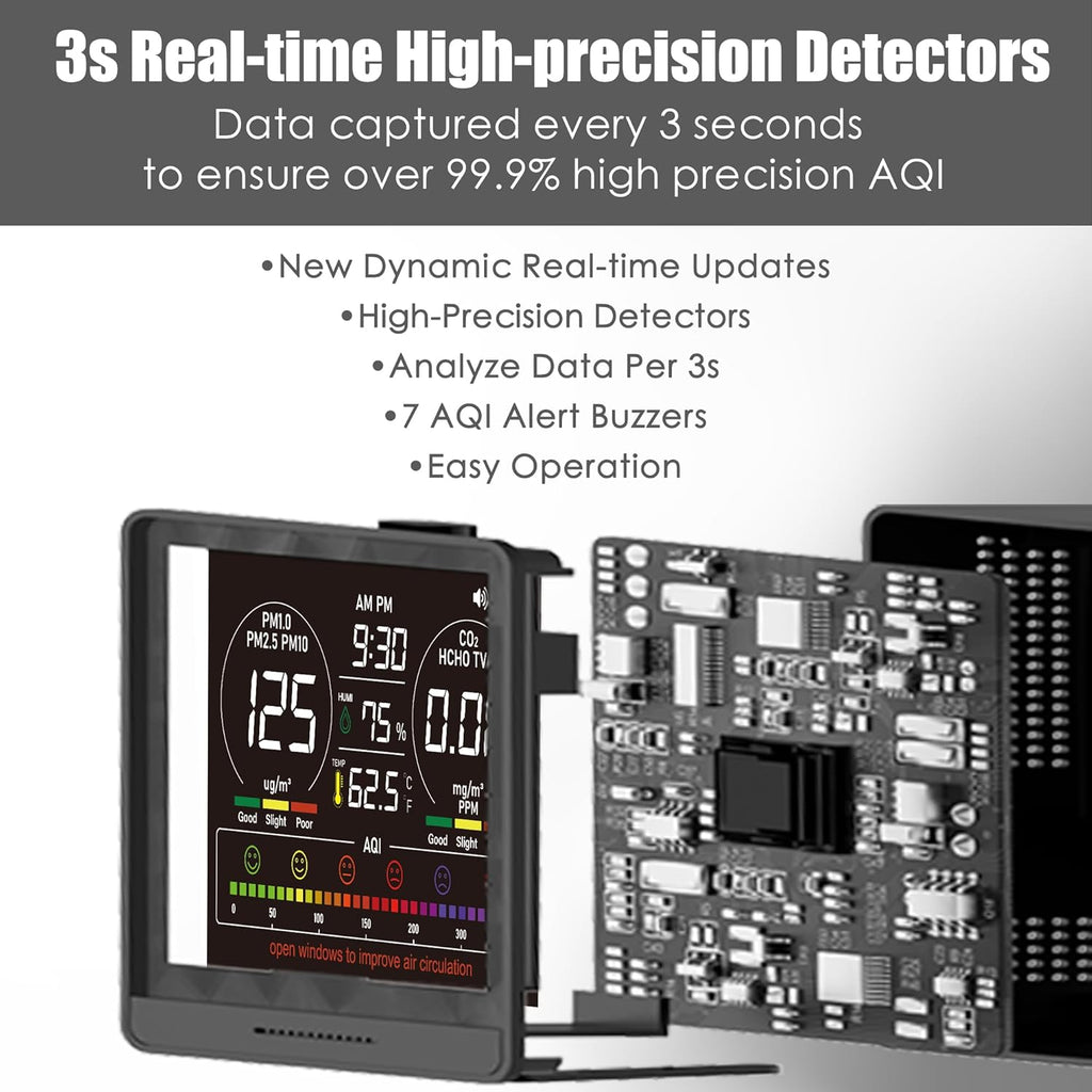 Professional Indoor Air Quality Monitor with 7X AQI,16 in 1 Portable Real-Time Detector for PM2.5 | PM10 | CO2 | TVOC | HCHO | Temp | Hum for Home Cars Plants Pets (White)