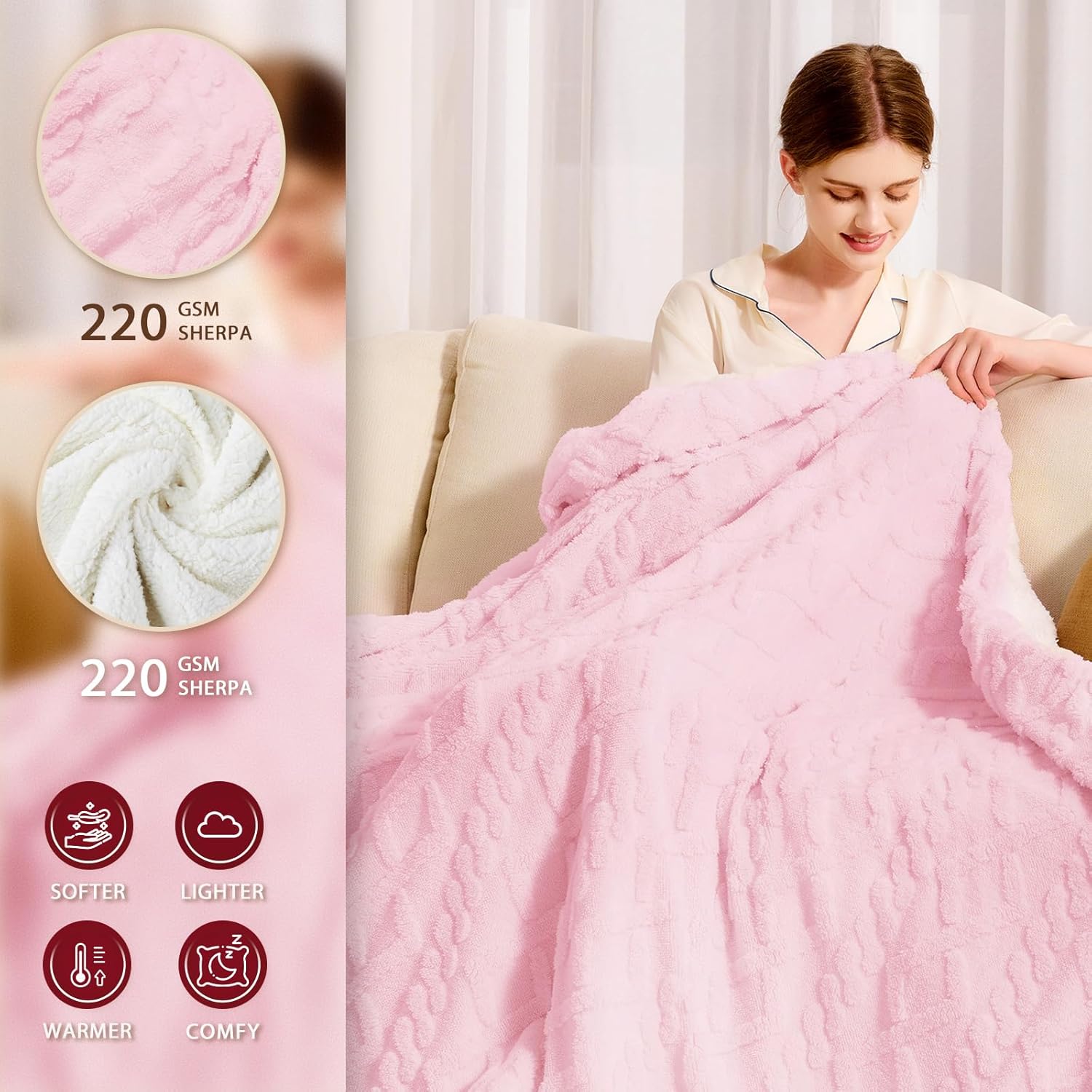 Heated Electric Blanket Twin Size-62"x84" Heating Blanket with 10 Heating Levels & 5 Time Settings Over-Heat Protection，Winter Warmer for Adults with ETL Certification（Pink）