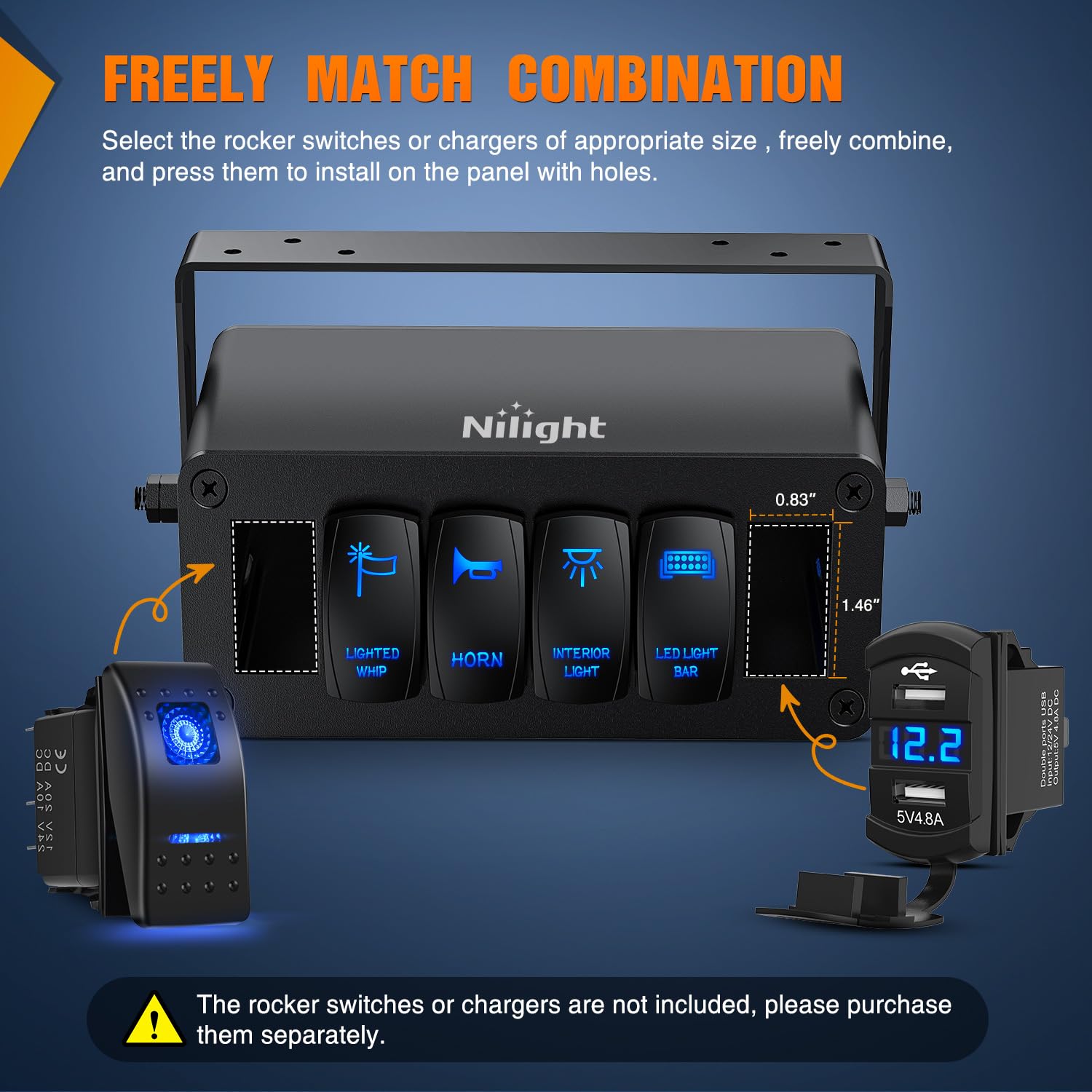 Nilight 6 Gang Rocker Switch Box 6 Holes Panel Detachable Installation Housing Waterproof Aluminum Rotatable Mount Bracket 12V 24V DIY Toggle Switches Voltmeter USB Socket for Boats Cars RVs Trucks