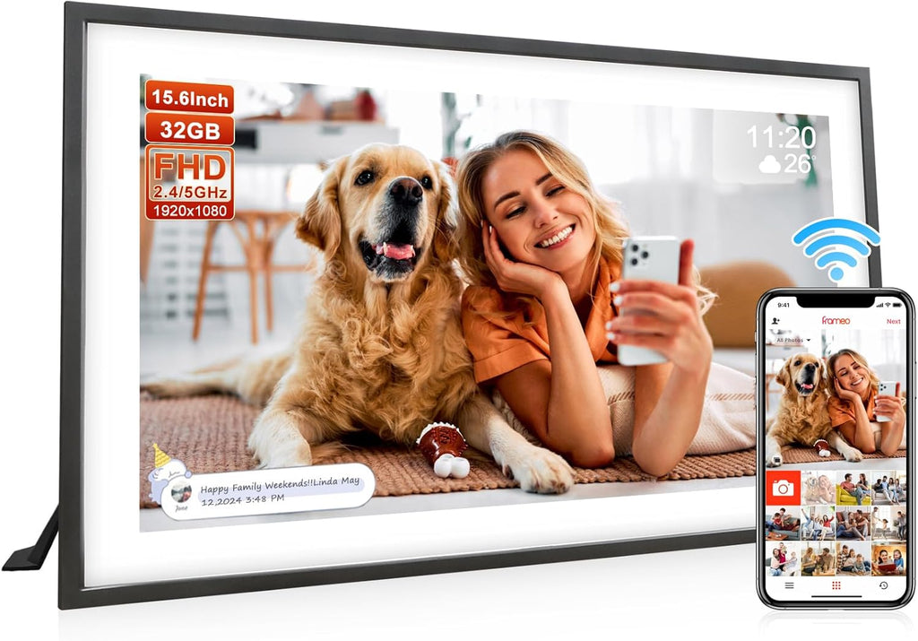 Frameo 15.6 Inch Large Digital Photo Frame, Digital Picture Frame WiFi with 32GB, 1920 * 1080 IPS HD Touch Screen, Electronic Picture Frame IPS Touch Screen with Auto-Rotate, Frameo Digital Frame Wifi