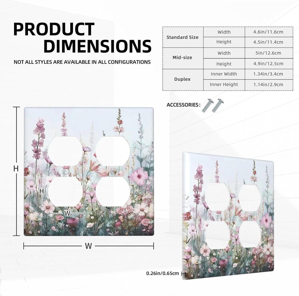 Pink Floral Watercolor Botanical Wildflowers Outlet Covers 2 Gang Double Duplex Decorative Light Switch Covers Electrical Wallplates Socket Faceplate For Bed Room Living Room Decor