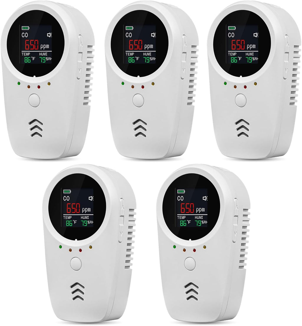 5PCS 5-in-1 Rechargeable Carbon Monoxide & Natural Gas Detectors with Temperature/Humidity LCD Display & 2000mAh Lithium-ion Battery, Portable Plug in Co Detector for Home Travel RV Essentials